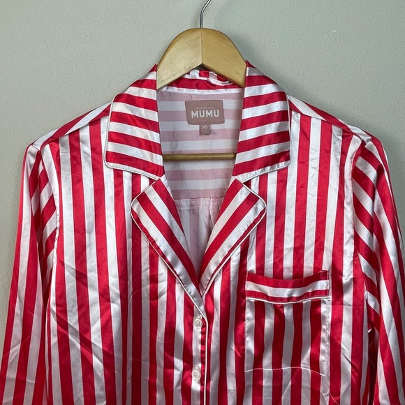 SHOW ME YOUR MUMU Peppermint Stripe Pajama Pants XS Red White Satin Lounge Sleep - Picture 10 of 14